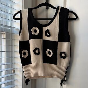 Black and Cream Floral Crochet Sweater Vest